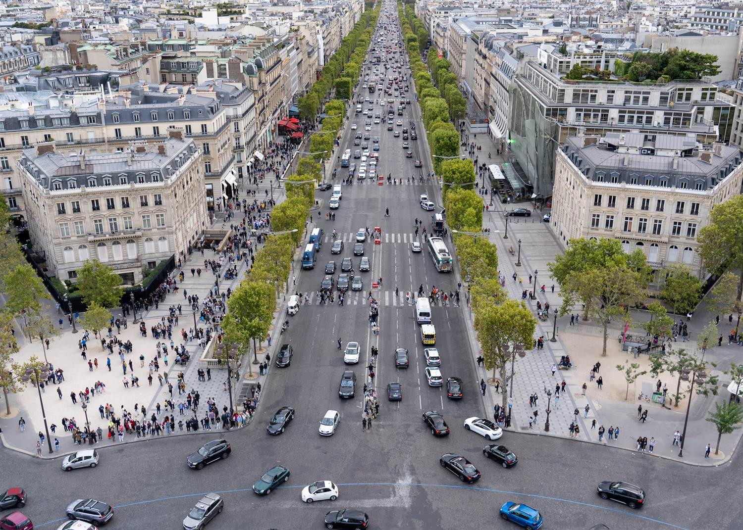 The Champs-Elysees seen from above, looking down the tree-lined avenue in Paris